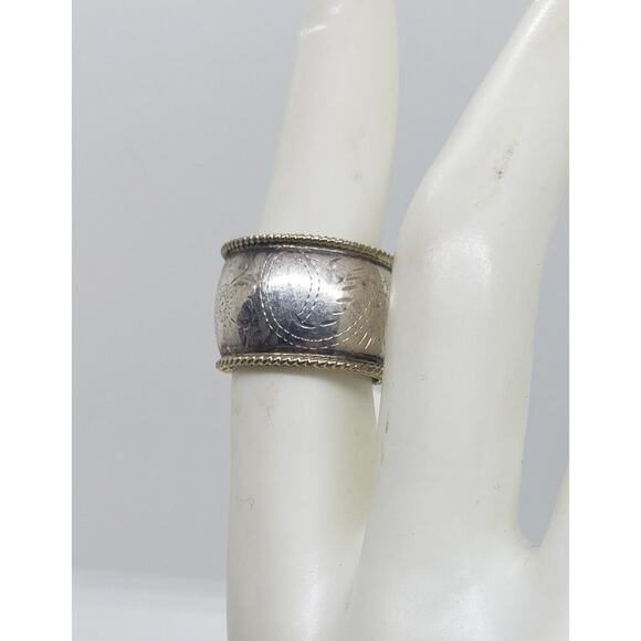Vintage Sterling Silver Ring Cigar Band Wide Floral Engraved Gold Rope Edge sz 7 - Picture 7 of 11